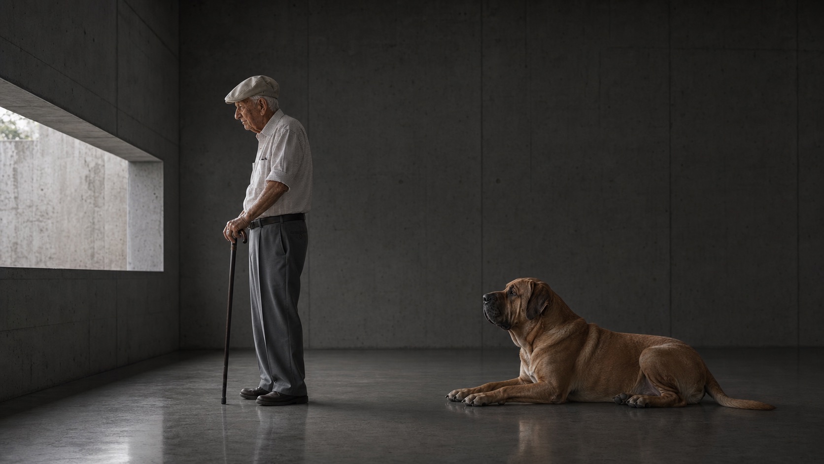 Memorial composition featuring Evaldo Matthes on the left and a resting Fila Brasileiro on the right.